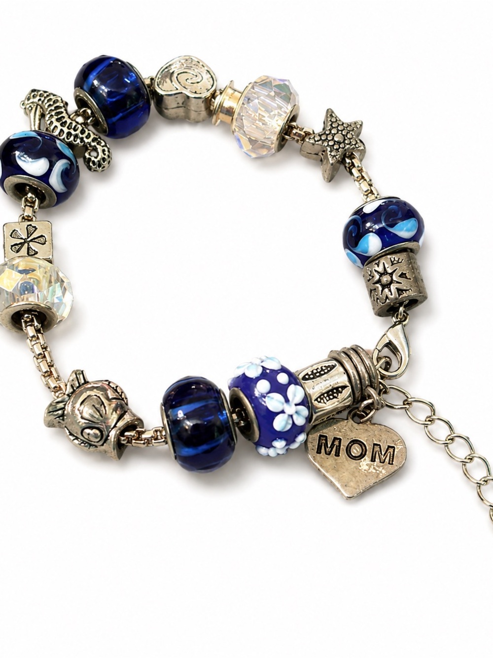 Blue Silver Tone European Charm Bracelet Mom Heart Glass Beads Starfish Floral